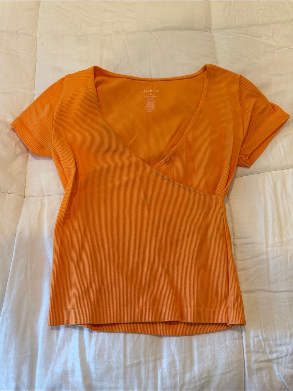 Ultra Flirt Orange Ribbed Wrap Short Sleeve Top